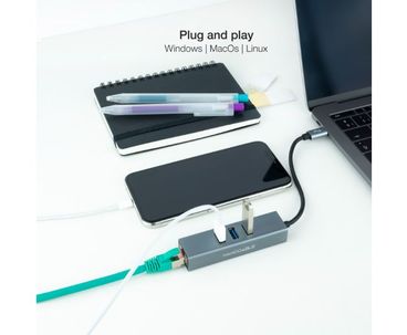 CONVERSOR USB-C A ETHERNET GIGABIT + 3xUSB 3.0 15cm GRIS NANOCABLE