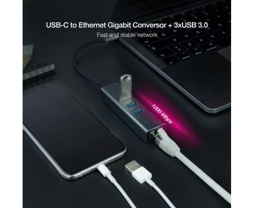 CONVERSOR USB-C A ETHERNET GIGABIT + 3xUSB 3.0 15cm GRIS NANOCABLE